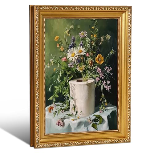 Gold Vintage Framed Toilet Paper Flower Bouquet Wall Art - Funny Green Bathroom Canvas Print, Vintage Wildflower Decor for Bathroom, Laundry Room, 9x11 Inch - color: Framed-Bathroom, size: 9"L x 11"W