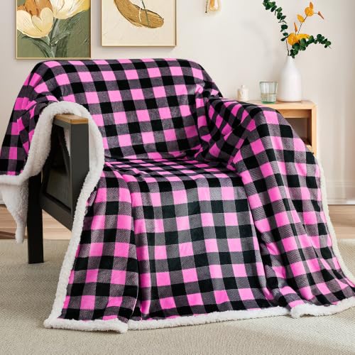 BEAUTEX Christmas Sherpa Fleece Throw Blanket Soft Warm Buffalo Plaid | Plush Blanket & Throw, Winter Cozy Fuzzy for Couch, Sofa, Bed (Pink, 50" x 60") - color: Pink, size: Throw-50"x60"