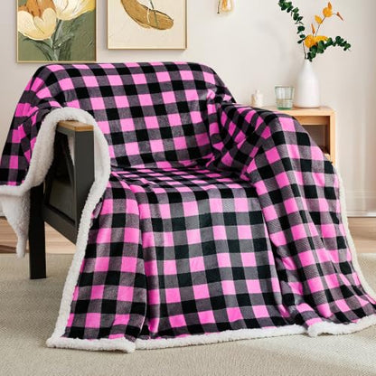 BEAUTEX Christmas Sherpa Fleece Throw Blanket Soft Warm Buffalo Plaid | Plush Blanket & Throw, Winter Cozy Fuzzy for Couch, Sofa, Bed (Pink, 50" x 60") - color: Pink, size: Throw-50"x60"