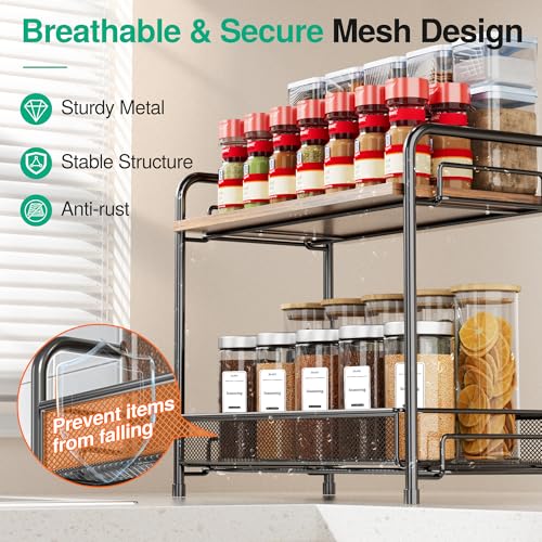 Spice Rack Organizer for Countertop with Wood Top, 2-Tier Foldable Metal Rust-Proof Standing Large Seasoning Storage Shelf with Guardrail & Mesh Design for Kitchen Cabinet Living Room, Black - size: Black-1 pack (with Wood Top)
