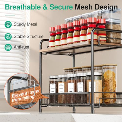 Spice Rack Organizer for Countertop with Wood Top, 2-Tier Foldable Metal Rust-Proof Standing Large Seasoning Storage Shelf with Guardrail & Mesh Design for Kitchen Cabinet Living Room, Black - size: Black-1 pack (with Wood Top)