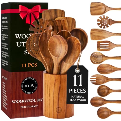 SOOMGYEOL SEOM 11-Piece Teak Wood Cooking Utensil Set with Holder | Natural Teak Wood, Uncoated, 10 Cooking Utensils & Holder, Nonstick Safe - size: 11 PCS Set