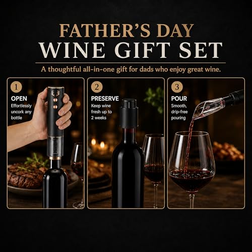 BLUBYEES 4-in-1 Electric Wine Opener Set – Rechargeable Automatic Corkscrew, Foil Cutter, Aerator & Vacuum Stopper, Wine Accessories Gift Set for Dad, Father’s Day Gifts for Men, Husband, Wine Lovers | Foil Cutter, Aerator Pourer, Vacuum Stopper, Automati