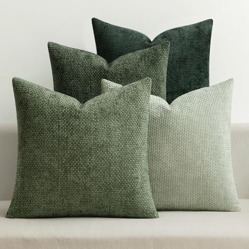 MIULEE Soft Decorative Chenille Pillow Covers Forest Green 18x18 Pack of 4 | Nordic Home Decor, Woodland Forest Bath Set, Couch Throw Pillows, Farmhouse Boho Cushion Covers for Sofa Bed Living Room - color: Green, size: 18" x 18" (Pack of 4)