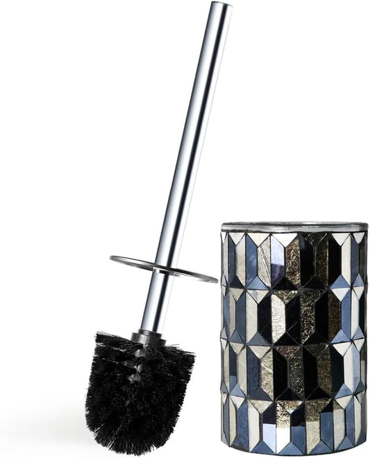Cute Toilet Brush and Holder Set Mosaic Glass | Non-Rustic Stainless Steel | Practical & Decorative Toilet Bowl Brush and Holder | Luxury Black and Gold Bathroom Accessories (Latest) - color: Black Gold Straight