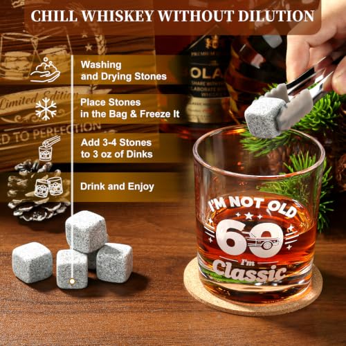 60th Birthday Gifts for Men - "I'm Not Old I'm Classic" Whiskey Glass Set | 6 Whiskey Stones, Coaster, Pipette, Tongs & Greeting Card, Perfect 60th Birthday Surprise for Dad, Grandpa Who Loves Scotch - style: 60th Mens Gifts