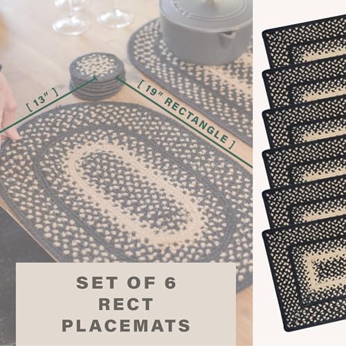 Homespice Manchester Jute Braided Placemats, Rect 13x19 Set of 6 | Black and Tan Protects Tabletop in Style, Rich Colors, Reversible, Durable and Easy to Clean - color: Manchester