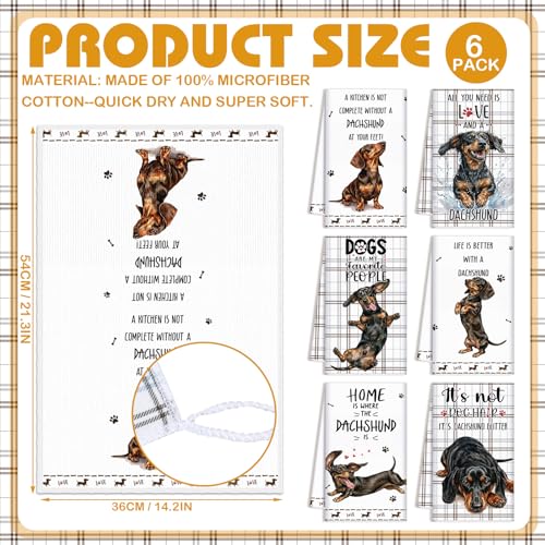 Redbaker 6 Pcs Dachshund Kitchen Towels Funny Dishcloth | Gifts for Dachshund Lovers Dog Owner Cute Brown Grid Kitchen Hand Tea Dish Towel with Hanging Loop for Home Housewarming Gift - style: Dachshund
