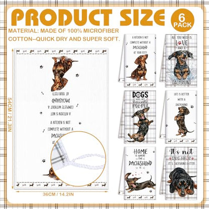 Redbaker 6 Pcs Dachshund Kitchen Towels Funny Dishcloth | Gifts for Dachshund Lovers Dog Owner Cute Brown Grid Kitchen Hand Tea Dish Towel with Hanging Loop for Home Housewarming Gift - style: Dachshund