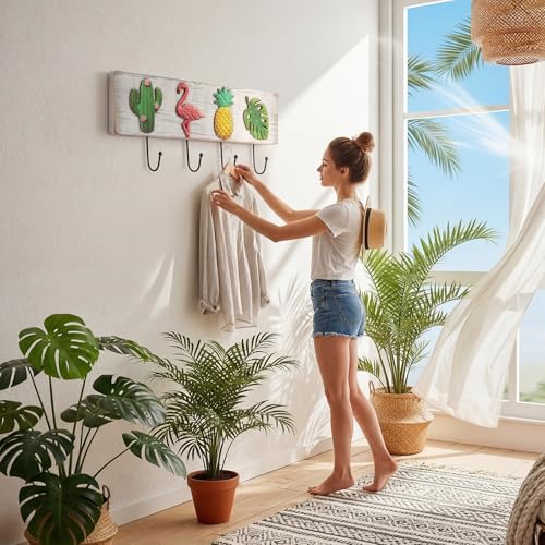 Tropical Coat Rack with 4 Hooks Pineapple Flamingo Cactus Monstera Leaf Wall Mounted Hooks Decor Tropical Theme for Home Entryway Bathroom Hats Keys Towels - style: Flamingos