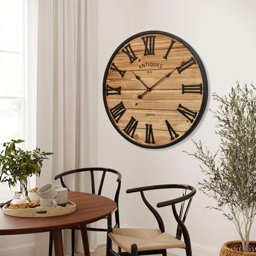 EMAX HOME 30 Inch Farmhouse Wall Clock - Large Rustic Wood, Silent Sweep, Battery Operated for Living Room Kitchen Office, Brown - size: 30 Inch