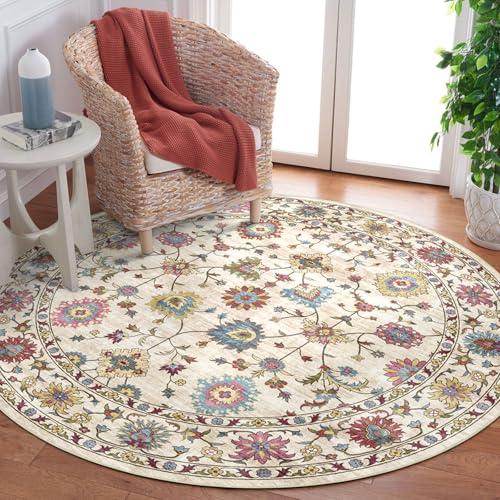 LUXRUG Washable Round Rug 6ft - Cream Colorful Floral Bedroom Rug | 6x6 Circle Rug Non-Slip Farmhouse Dining Room Rugs for Under Table Soft Vintage Round Rugs for Bedroom Office Nursery Foyer - color: Cream Multi, size: 6' (Round)