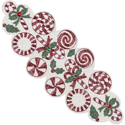 Christmas Beaded Table Runner, Red & White, 13x36 | Handcrafted, 85% glass beads, polyester backing, dining/console/coffee table, holidays, weddings, wipe-clean maintenance - color: Cherry Reddish, size: 36"x13"