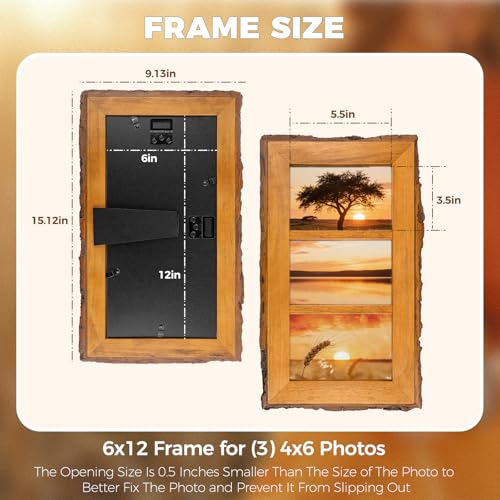 Golden State Art 4x6 Collage Picture Frame,Solid Wood&Real Glass,3 Photos | Multi Picture Frame for (3) 4x6 Photos - Natural Bark Edges Design - Farmhouse Collage Wall Decor - Rustic Brown - size: 3 Openings 4x6