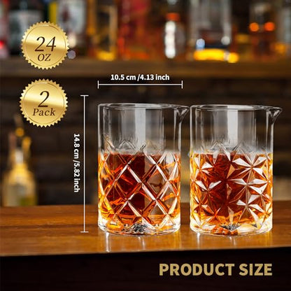 24 Oz Cocktail Mixing Glass Stirring Glasses for Whiskey Cocktail Mixing Shaker Glass Martini Old Fashioned Crystal Bar Set 700ml 2PCS - style: Lattice/ Ice Flowers