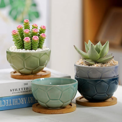 YYW Ceramic Succulent Planter, 4 Pack Cute Garden Pots with Drainage and Attached Saucer - color: Light Ceramics