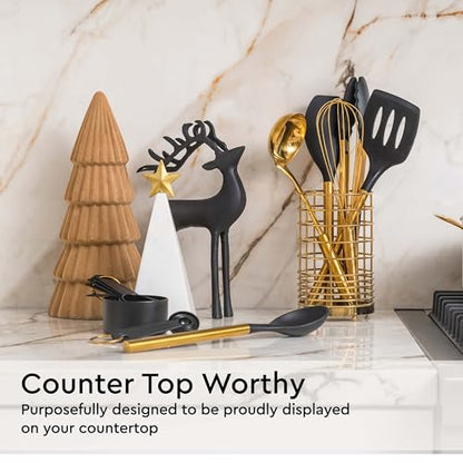 Styled Settings Black and Gold Kitchen Utensils Set with Holder, 7-Piece | Nonstick BPA-Free Silicone Cooking Utensils Set with Gold Utensil Holder, Luxury Kitchen Accessories - color: 7 Piece Black & Gold