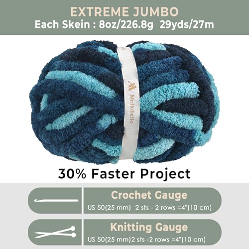 Jumbo Chunky Yarn for Hand Knitting - Super Thick Chenille Chunky Yarn for Crocheting - Extra Soft Bulky Fluffy Blanket Big Yarns 8 Jumbo Pack (27yds,8 oz Each Skein) - color: Ocean Current