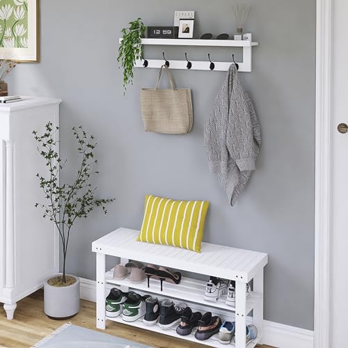 SMIBUY Coat Hooks with Shelf Wall-Mounted, 29.2 Inch Entryway Coat Rack for Wall, Bamboo Hanging Shelf with 5 Double Metal Hooks for Bathroom, Bedroom, Kitchen, Living Room (White + Black) - color: White + Black