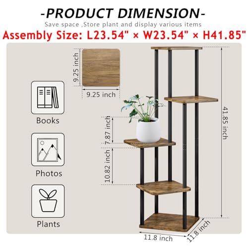 5 Tier Tall Plant Stand Indoor Corner Tiered Shelf Metal MDF Board | Sturdy Metal Frame,Space-saving Tiered Design Display Multiple Plants,Modern Style for Home,Balcony,Office Black+Rustic Brown