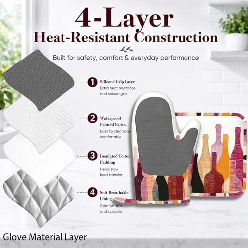 Red Wine Bottle Oven Mitts and Pot Holders Sets Non-Slip Silicone Surface for BBQ Gloves,Kitchen,Cooking,Baking,Grilling - color: Red Wine Bottle