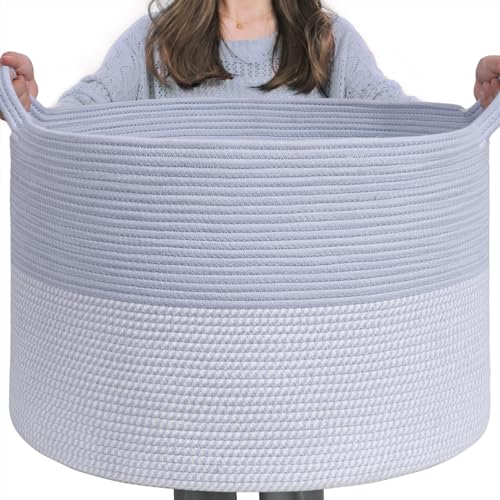 INDRESSME XXXLarge Woven Rope Blanket Basket Living Room Blue, 90L | 21.7" x 13.8" Storage baskets for toys laundry & pillows. Fits living room, bedroom or nursery décor. Soft-touch with handles - color: Blue & White, size: 21.7"D x 13.8"H
