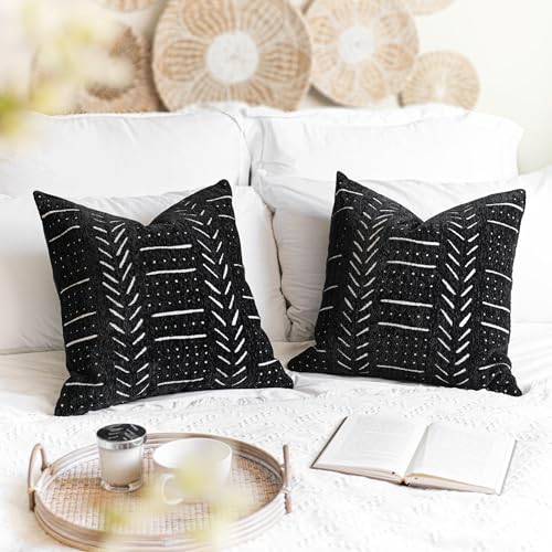 Black Decorative Throw Pillow Covers 20X20, Set of 2, Boho Farmhouse Cushion Cover, Cozy Soft Accent Pillowcase for Couch Sofa Bed Living Room Home Décor - color: Black, size: 20" x 20" (Pack of 2)