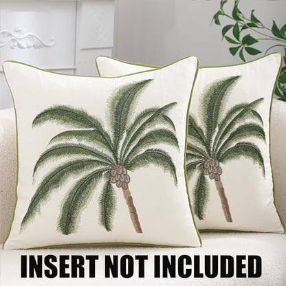 Embroidered Throw Pillow Covers 18x18 inch Pack of 2 Green Palm Tree | Ocean-Themed,Durable Fabric,Square Pillow Cover,Boho Decorative,Hidden Zipper,Aesthetic Design,Ideal Gift,Machine Washable - color: A Green Coconut Tree