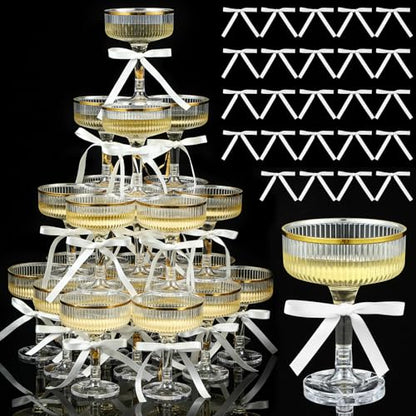 Set of 24 Plastic Champagne Coupe Glasses with Bow 7 oz Gold Champagne Tower Set Stackable Acrylic Ribbed Martini Glasses Cocktail Coupe Cup for Wedding Birthday Party Bar(Bowknot,White) - color: White, style: Bowknot