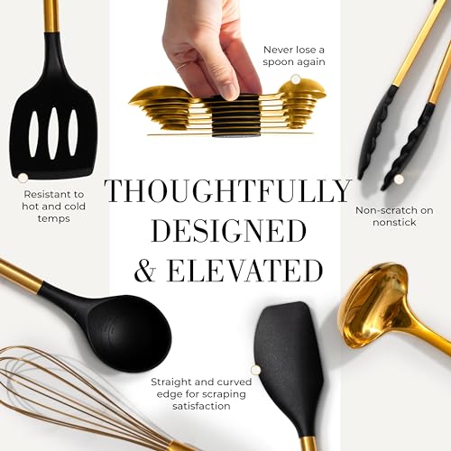 Styled Settings Black and Gold Kitchen Utensils Set, 15-Piece | Nonstick BPA-Free Silicone Coooking Utensils, Gold Utensil Holder, & Magnetic Measuring Spoons - Stylish Kitchen Accessories - color: 15 Piece Black & Dark Gold