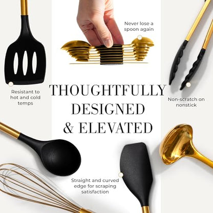 Styled Settings Black and Gold Kitchen Utensils Set, 15-Piece | Nonstick BPA-Free Silicone Coooking Utensils, Gold Utensil Holder, & Magnetic Measuring Spoons - Stylish Kitchen Accessories - color: 15 Piece Black & Dark Gold