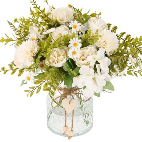 Kimura's Cabin Artificial Flowers with Vase White Fake Peony in Glass Vase | faux flowers in vase,Home Table Centerpiece,Office Arrangement, Living Room floral,Farmhouse Bathroom Plant Decor - color: White