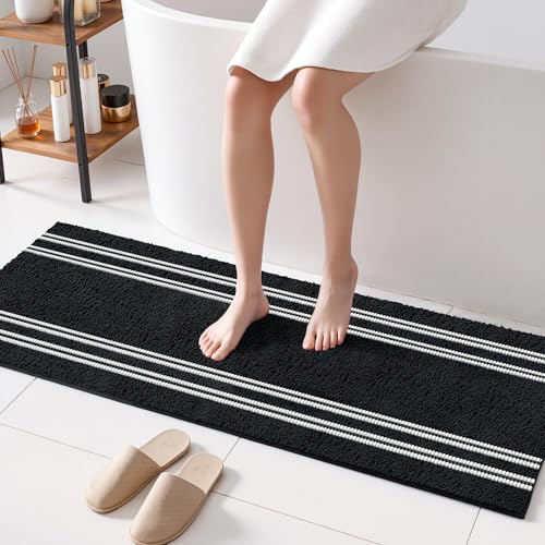 Arenarug Bathroom Rugs 24x60 Extra Soft Bathroom Runner Rug Non Slip Absorbent Bath Mat Chenille Rubber Backing Machine Washable Bath Mats for Bath Room Black Bath Rugs for Tub, Hallway - color: Black, size: 24''x60''