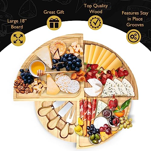 Bamboo Cheese Board & Knife Set, Large Folding 18 Inch Round Wood Rotating Charcuterie Board Set Cheese Meat Wine Serving Tray Platter, Home Decor