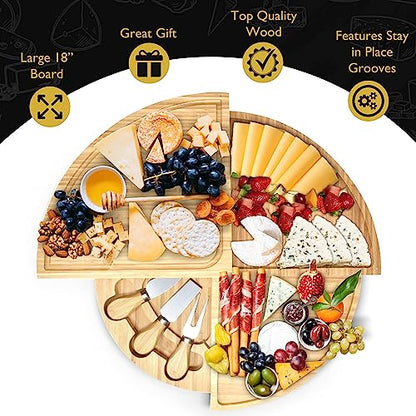 Bamboo Cheese Board & Knife Set, Large Folding 18 Inch Round Wood Rotating Charcuterie Board Set Cheese Meat Wine Serving Tray Platter, Home Decor