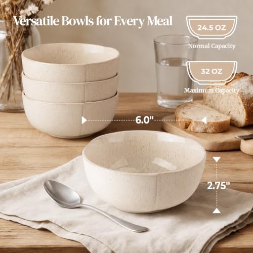 DOWAN 32 OZ Soup Bowls Set of 4, 6" Large Deep Ceramic Bowls with Embossed Sesame Glaze for Kitchen, Oatmeal, Soup, Salad, Fruit, Dishwasher & Microwave Safe