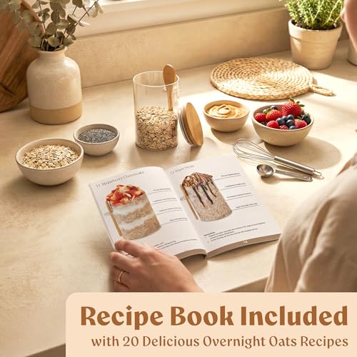 Overnight Oats Containers with Lids - Glass Mason Jars, Meal Prep | Bamboo Wood, Airtight Silicone Seal Set of 4 - Includes Spoons, 40 Labels for Chia Pudding, Yogurt, Cereal, Oatmeal - color: 4 pack - Bamboo Lid