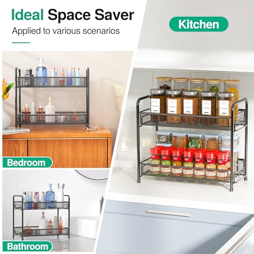 Spice Rack Organizer for Countertop,Xpatee 2-Tier Foldable Metal Rust-Proof Standing Large Seasoning Storage Shelf with Guardrail and Mesh Design for Kitchen Cabinet Bathroom Living Room Pantry, Black - size: Black-1 pack
