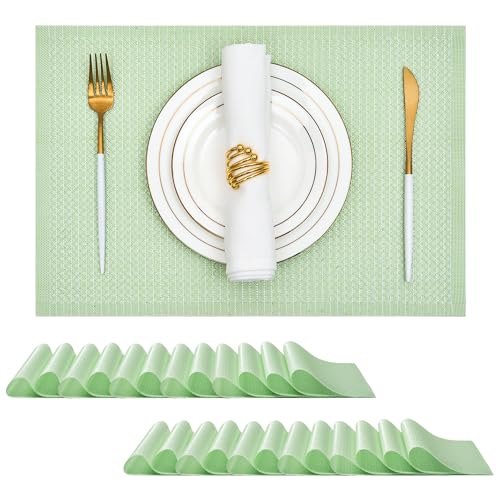 Leetaltree Woven Vinyl Placemats Set of 24, Crisp Green Sequin | Waterproof & Washable Dining Table Mats for Wedding, Anniversary, Daily Use, Hand-Cut, Easy to Clean - color: 00- Crisp Green Sequin, size: Set of 24