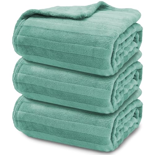 3-Pack Fleece Throw Blankets 50x60, 300GSM Ultra Soft Flannel, Siro-Spun Yarn Dual-Tone Textured Design, Lightweight Warm Couch Sofa Bed Blankets, No Shedding All Season (Light Green) - color: Siro Yarn Light Blue