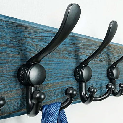 Coat Rack Wall Mount - Heavy-Duty Robust Barnwood-Style Wooden Wall Coat Hanger Hook Rail with 5 Triple Hooks for Winter Coats Hat Jacket Clothing, Weathered Blue & Black - color: Weathered Blue & Black, size: L=17.4"