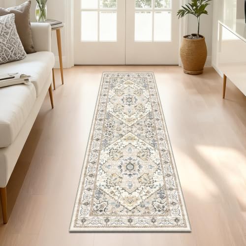 AooHHooA Boho Washable 2x6 Runner Rugs Beige Non Slip Low Pile Vintage Runner Rug, Stain Resistant Soft Faux Wool Runners for Hallway Kitchen Laundry Entryway Bedroom - color: Beige, size: 2' x 6' (Runner)