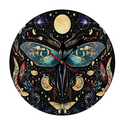 Bohemian Moth and Floral Minimalist Silent Wall Clock 9.8x9.8 inches, Modern Round Wooden Clock Without Numbers for Bedroom Living Room Office Home Decor - color: Bohemian Moth and Floral, size: 9.8x9.8 inches