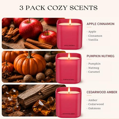 Scented Candle Set, Candle Gift Set, 3 Pack Candles for Home Scented | 4.22 oz Soy Candles, Aromatherapy Gift Set for Women, Monther's Day & Holiday, Scents of Apple Cinnamon/Pumpkin/Cedarwood - color: Red Candles Set