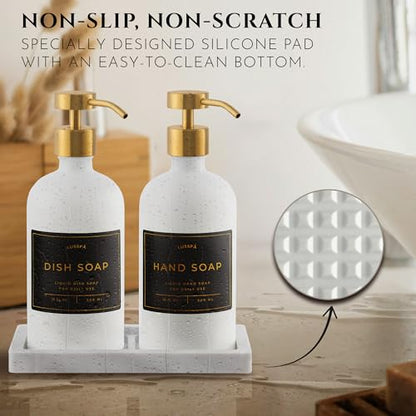 Glass Soap Dispenser Set of 2 (White) with Silicone Tray | Hand and Dish Soap Dispenser for Kitchen and Bathroom | 16.8 Oz Glass Bottles with Stainless Steel Pump & 15 Waterproof Labels (White/Gold) - color: White/Gold