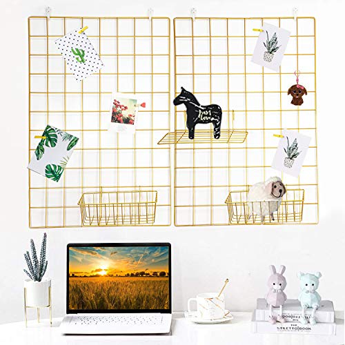 2 Pack Large Wall Grid Panels with Light and Clips, Photo Display Board, Picture Frame Collage Board, Wire Grid Wall Panel Room Decoration,Dark Gold | Picture Frames Collage , Wire Grid Wall Panel Room Decoration - color: Dark Gold