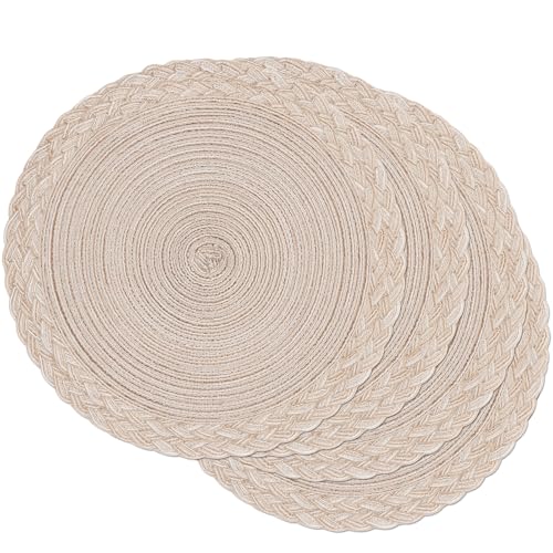 SHACOS Round Placemats Set of 4 Boho Braided Border 15 inch Circle Place Mats Washable Fabric Table Mats for Kitchen Dining Table, Beige - color: Beige, size: 4 pieces