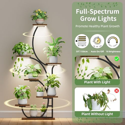 Plant Stand Indoor with Grow Lights, 7 Tier Lighted Corner Plant Shelf, 57" | Tall Plant Stands with Full Spectrum Light for Growing, Metal S-Shaped Flower Display Holder for Home, Office, Black