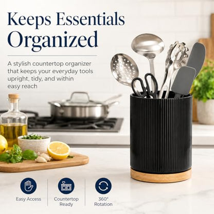 360° Rotating Kitchen Utensil Holder,Ceramic Utensil Holder for Countertop | Utensil Crock for Kitchen Counter with Rotatable Wooden Base,Ideal Housewarming Gift & Mothers Day Gift-Black - color: black