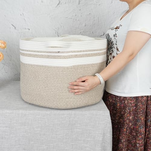 XUANGUO Extra Large Cotton Rope Round Storage Basket 22" x 14" | Woven basket for blankets, toys, towels, laundry, nursery, living room and pet toy storage. - color: white and brown
